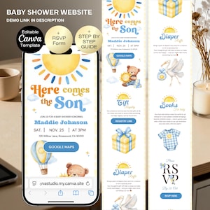 Here Comes the Son Baby Shower Invitation Website RSVP, Here Comes the Son Baby Shower, Sunshine Baby shower, Sun Baby Shower, Blue Template
