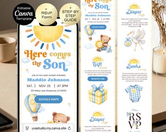 Here Comes the Son Baby Shower Invitation Website RSVP, Here Comes the Son Baby Shower, Sunshine Baby shower, Sun Baby Shower, Blue Template