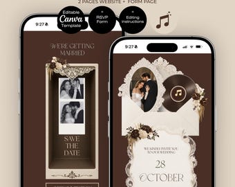 Espresso Brown & Ivory Save the Date Website Canva Template with RSVP | Music + RSVP Wedding invitation | Photo booth wedding template