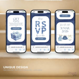 May include: Three smartphones displaying baby shower invitation designs. The first screen says "Gift Registry" with a gift box graphic. The second screen says "RSVP". The third screen says "Save the date 31 MAR. 2026" with baby clothes.