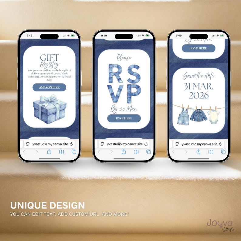 May include: Three smartphones displaying baby shower invitation designs. The first screen says "Gift Registry" with a gift box graphic. The second screen says "RSVP". The third screen says "Save the date 31 MAR. 2026" with baby clothes.