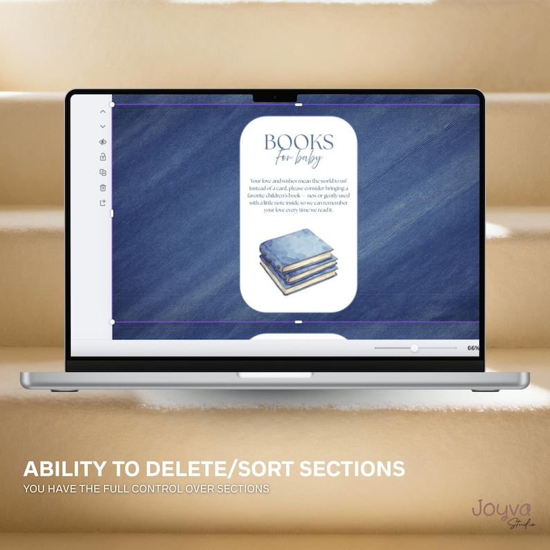 May include: A laptop displays a digital design with the text "BOOKS for baby" and a watercolor illustration of three blue books. The background is a textured blue. The laptop is on a light-colored surface.