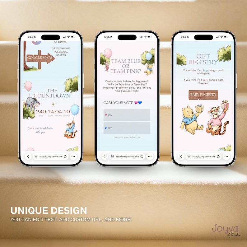 May include: Three smartphones displaying a baby shower theme. The screens show a countdown, a gender reveal poll, and a gift registry. Winnie the Pooh and Tigger are featured. The design includes the text "UNIQUE DESIGN YOU CAN EDIT TEXT, ADD CUSTOM URL, AND MORE!"