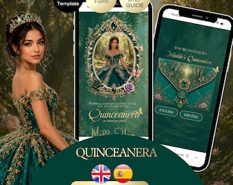 Quinceañera Enchanted forest Invitation with RSVP | Emerald Green Gold 16 Website Editable Trackable RSVP | Royal Fairytale English Spanish