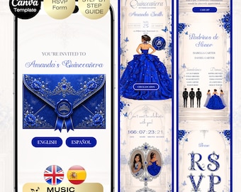 Quinceañera Invitation with RSVP Blue | Sweet 16 Website RSVP & Countdown, 15th Birthday English Spanish Royal Blue Silver Butterfly