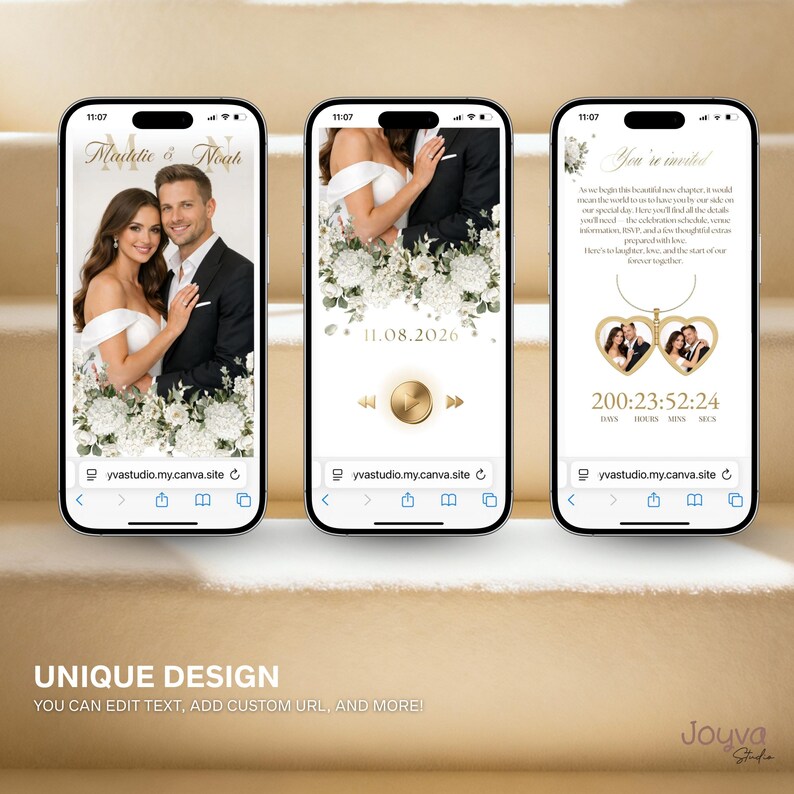 May include: Three smartphones displaying wedding invitation designs. The first shows a couple's photo with names, the second features a date and a play button, and the third has a countdown and a heart-shaped pendant with photos.