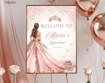 Quinceañera Rose Gold Welcome sign | Elegant Canva Template 16x20in | Editable Digital Welcome Board | Floral Royal Sweet 15 Sweet 16 Quince