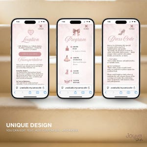 May include: Three smartphones displaying a wedding invitation design. The screens show location details, event program, and dress code information. The design features a soft pink color scheme with elegant fonts and graphics.