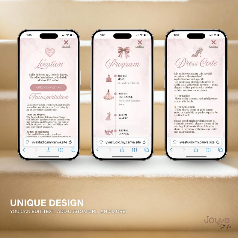 May include: Three smartphones displaying a wedding invitation design. The screens show location details, event program, and dress code information. The design features a soft pink color scheme with elegant fonts and graphics.