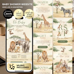 May include: A baby shower website template with a safari theme. The design includes illustrations of lions, giraffes, elephants, and zebras. The invitation features the text "Oh Baby" and details for the event, including the date, time, and location.