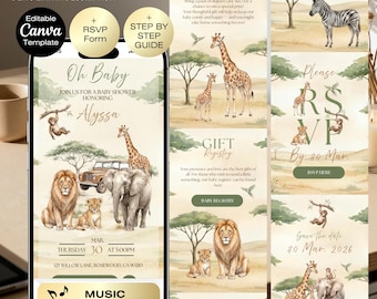 Safari Baby Shower Invitation Website + RSVP, Editable Jungle Animals Invite, Gender Neutral Safari Invite Template, Jungle Animals Safari