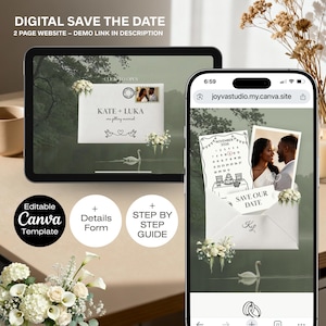 Op de afbeelding: Een digitaal ontwerp voor een save-the-date voor een bruiloft, weergegeven op een tablet en smartphone. De tablet toont een huwelijksuitnodiging met de namen "Kate + Luka" en een foto. De telefoon toont een website met een kalender en een foto. Tekst bevat "Digital Save the Date".