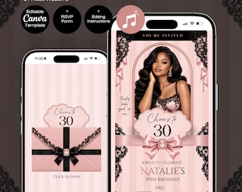 30th Birthday Invitation Website Template | Pink Striped Birthday Invitation | Pink Coquette Birthday Theme | Any Age Lace theme with RSVP