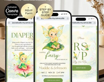 Tinker Fairy Baby Shower Invitation Website Template | Green Fairy Theme | Editable Canva Design | Digital RSVP Website Woodland Baby Shower
