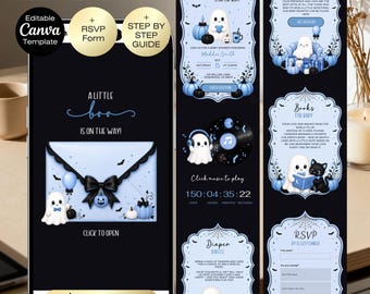 A Little Boo Is On The Way Baby Shower Website Invitation | Baby Boy Fall Baby Shower Invite | Editable Canva Website with RSVP | Pumpkin