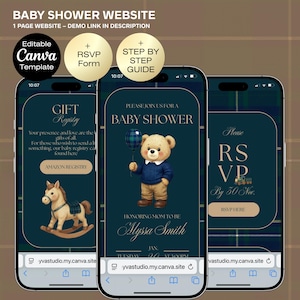May include: Three smartphones displaying a baby shower website template. The design features a teddy bear holding a balloon, a rocking horse, and text that reads "Baby Shower" and "RSVP". The website is editable in Canva.