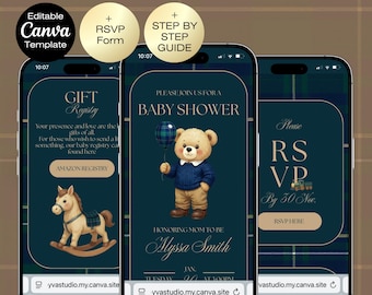 Preppy Bear Baby Shower Website with RSVP | Classic Tartan Teddy Theme | Navy & Green Baby Boy Invitation | Editable Canva Digital Invite