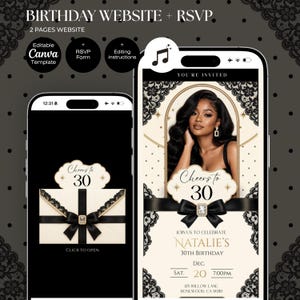 Puede incluir: Una plantilla de sitio web de cumpleaños digital para teléfonos móviles con un esquema de color negro y crema y detalles de encaje. El diseño incluye un marco de fotos, un lazo negro con un cristal central y el texto Cheers to 30, Natalie's 30th Birthday.