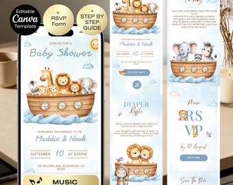 Noah's ark baby shower invitation website with RSVP tracker | Editable Safari Animals Baby Shower Invite | Little Miracle Boy Baby Shower