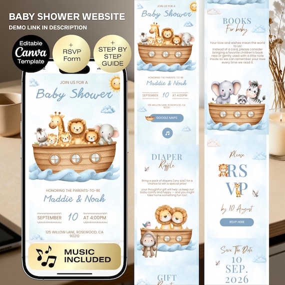 Noah's ark baby shower invitation website with RSVP tracker | Editable Safari Animals Baby Shower Invite | Little Miracle Boy Baby Shower