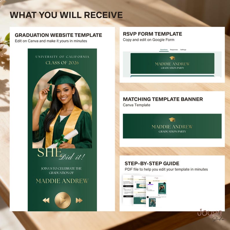 May include: A graduation website template, RSVP form template, and matching banner template are shown. The website template features a graduate in a cap and gown. Text includes "University of California Class of 2026" and "She Did it!"