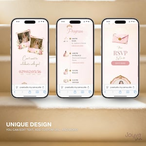 May include: Three smartphones displaying wedding invitation designs. The first phone shows a photo with text "Can't wait to celebrate with you!" and a countdown timer. The second phone displays a wedding program. The third phone shows an RSVP card.