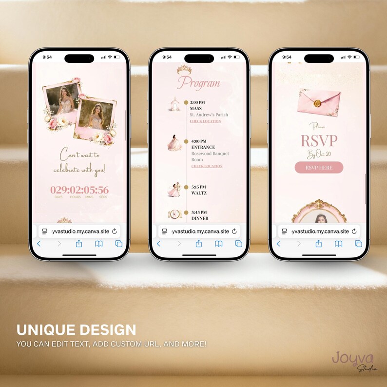 May include: Three smartphones displaying wedding invitation designs. The first phone shows a photo with text "Can't wait to celebrate with you!" and a countdown timer. The second phone displays a wedding program. The third phone shows an RSVP card.