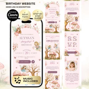 Puede incluir: Una plantilla digital de invitación de cumpleaños en la pantalla de un teléfono inteligente. El diseño presenta un tema de hadas con ilustraciones de hadas, setas y árboles. El texto incluye el nombre, la fecha, la hora y el lugar del cumpleaños. La plantilla es editable con Canva.