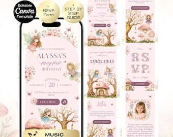 Fairy First Birthday Invitation Website, Animated Pink Floral Enchanted Garden Theme, Editable Canva Digital Invite, Girl 1st Birthday