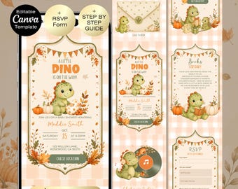 Puede incluir: Una plantilla de sitio web para baby shower con temática de dinosaurios verdes, hojas de otoño y calabazas. El diseño incluye secciones para detalles del evento, lista de regalos, solicitudes de libros y un formulario de confirmación de asistencia.