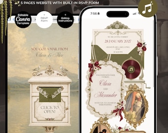 Olive Green Burgundy Wedding Website Canva Template with RSVP | Music + RSVP Old money Wedding invitation | Luxury Vintage Mailbox animated