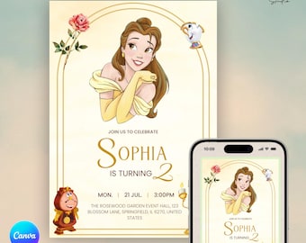 Princess Belle Birthday Invitation | Beauty and the Beast Party | Editable Canva Template | Belle Watercolor Digital Invite