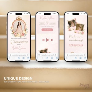 May include: Three smartphones showing a Quincea&ntilde;era invitation design. The design includes a photo of a young woman, floral details, and event information. The text "UNIQUE DESIGN" is visible at the bottom of the image.