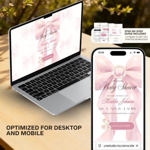 May include: A laptop and smartphone display a baby shower invitation with a pink bow design. The invitation includes the text "Baby Shower" and details for Maddie Johnson. The image also includes the text "Optimised for desktop and mobile."