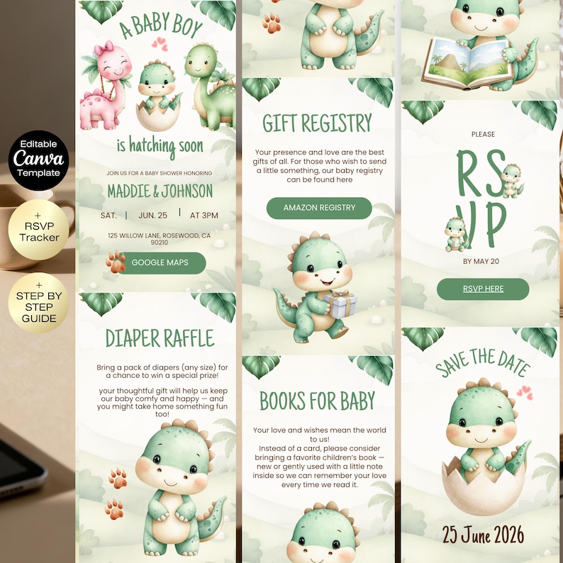 Dinosaur Baby Shower Invitation website with RSVP Tracker | A little Dino Baby Shower Invite | Digital Baby Shower Baby Boy Hatching soon image 2