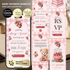 Może przedstawiać: Zestaw zaproszeń na baby shower z motywem truskawek. Projekt zawiera smartfon wyświetlający zaproszenie, karty RSVP i kartę loterii pieluch. Tekst brzmi "Someone berry sweet is on the way."