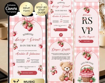 Berry sweet Baby Shower Invitation website + RSVP | Strawberry Baby Shower | Pink Bow baby shower | Coquette Girl Baby Shower digital invite