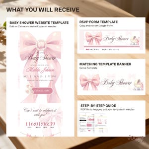 May include: A baby shower template set featuring a pink bow design. Includes a website template, RSVP form, matching banner, and a step-by-step guide. The invitation reads "Baby Shower" and includes the name "Maddie Johnson".