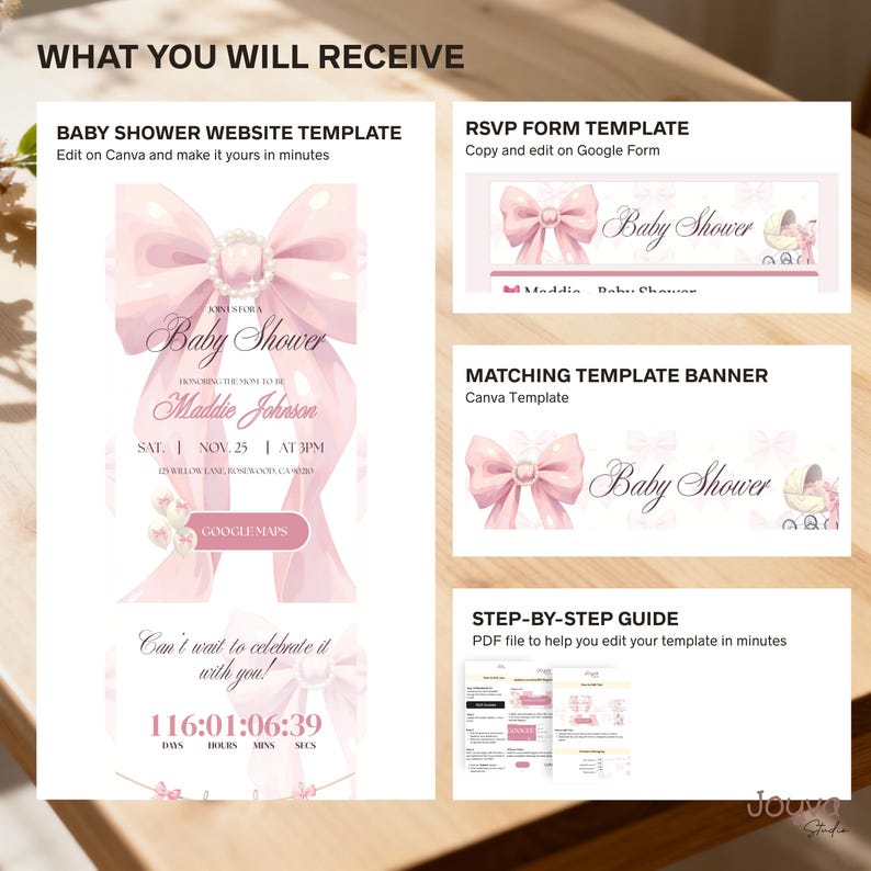 May include: A baby shower template set featuring a pink bow design. Includes a website template, RSVP form, matching banner, and a step-by-step guide. The invitation reads "Baby Shower" and includes the name "Maddie Johnson".