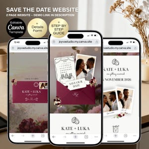 May include: Three smartphones showing a wedding website design. The website features a burgundy envelope with a calendar and photo, and the text "Save Our Date." The website also includes the names "Kate + Luka" and the wedding date.