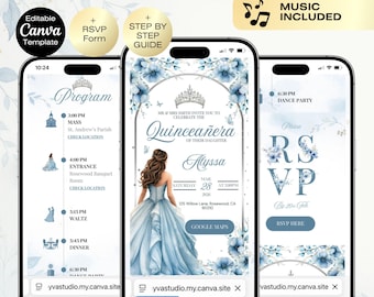 Invitación azul claro para quinceañera con confirmación de asistencia en línea. Invitación digital editable para quinceañera.