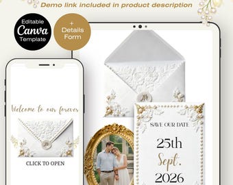 Plantilla de sitio web con formulario de detalles para guardar la fecha con diseño floral blanco moderno / Plantilla de invitación de boda digital Canva (descarga digital)