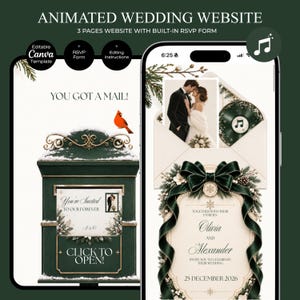 May include: An animated wedding website template featuring a dark green mailbox with snow, a red cardinal, and a mobile phone display showing a digital invitation for Olivia and Alexander on December 25, 2026, with a music note icon and RSVP form.