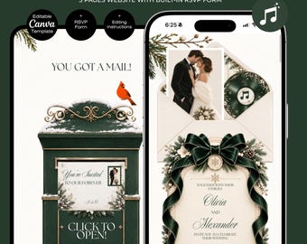Winter wonderland Wedding Website Canva Template with RSVP | Music + RSVP Snow Wedding invitation | Luxury Mailbox Animated Deep Green