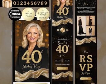 40th Birthday Invitation website with RSVP | Luxury Elegant black gold Birthday invite | Women Men 30th 40th 50th 60th 70th 80th Birthday