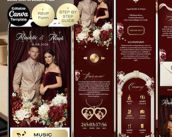 Wedding Invitation Website Canva Template with RSVP | Burgundy Wedding Website | Elegant Digital | Old Money Gold Wedding Invite with music