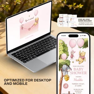 May include: A laptop and smartphone display a baby shower invitation with Winnie the Pooh characters. The invitation features pink balloons and the text "You're invited." The phone shows baby shower details. The text "Optimized for desktop and mobile" is also visible.