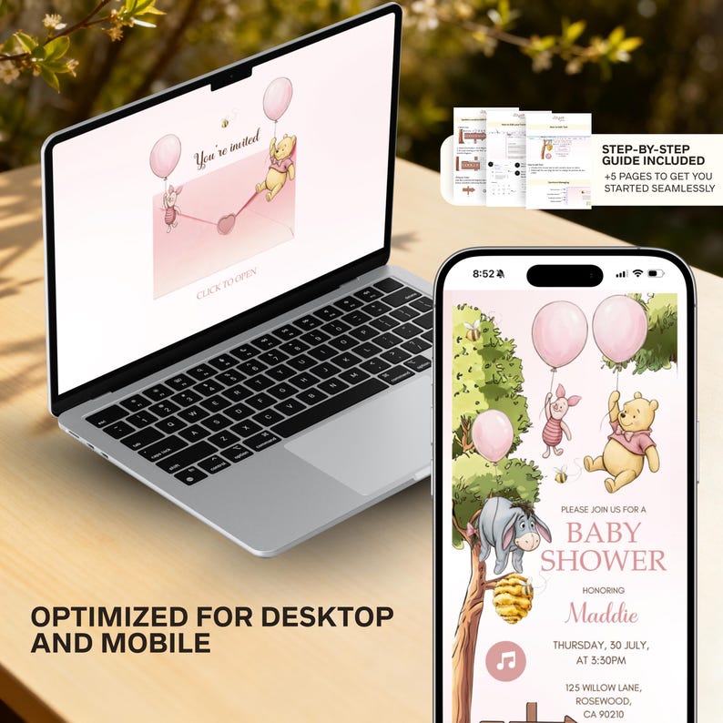 May include: A laptop and smartphone display a baby shower invitation with Winnie the Pooh characters. The invitation features pink balloons and the text "You're invited." The phone shows baby shower details. The text "Optimized for desktop and mobile" is also visible.