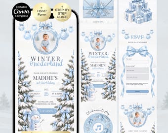 Winter Onederland 1st Birthday Invitation website | Winter Christmas First Birthday theme | Blue bow Christmas | Boy Birthday Christmas Tree