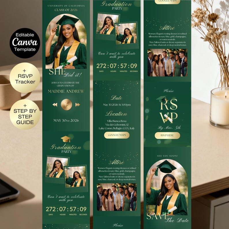 Graduation Invitation Website | Class of 2026 Graduation party | Graduation Invite with RSVP | Green gold Grad 2026 | He She did it image 2